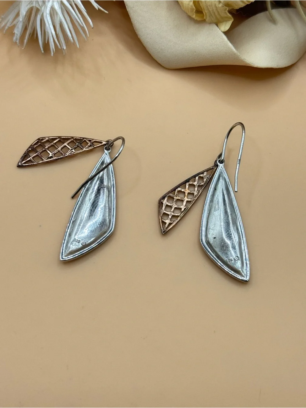 925 Sterling Silver Two Tone Openwork Dangle Drop Earrings Modern Geometric